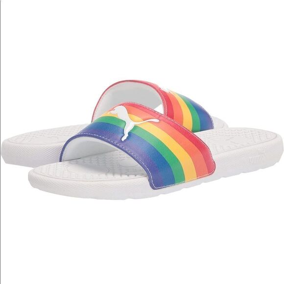 NWT New PUMA Cool Cat Sport Slides Sandals White Rainbow Pride Stripe Logo 7 - Picture 1 of 10